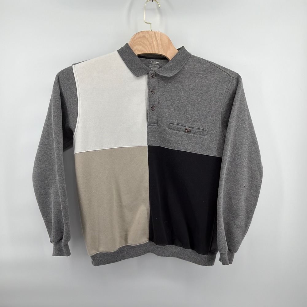 David Taylor Polo Sweatshirt Mens L Gray White Tan Black Colorblock Pullover